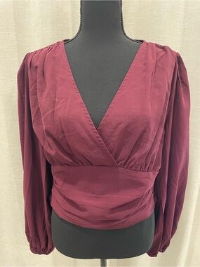 Women's Wrap V-Neck Long Sleeve Top - Burgundy